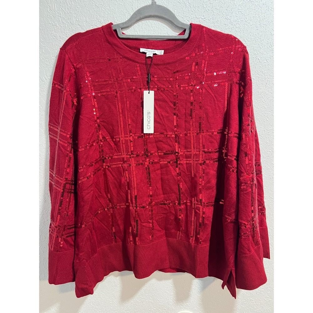 Chico's Red Sequin Plaid Pullover Holiday Shiny Party Sweater Size 3 XL NEW $119